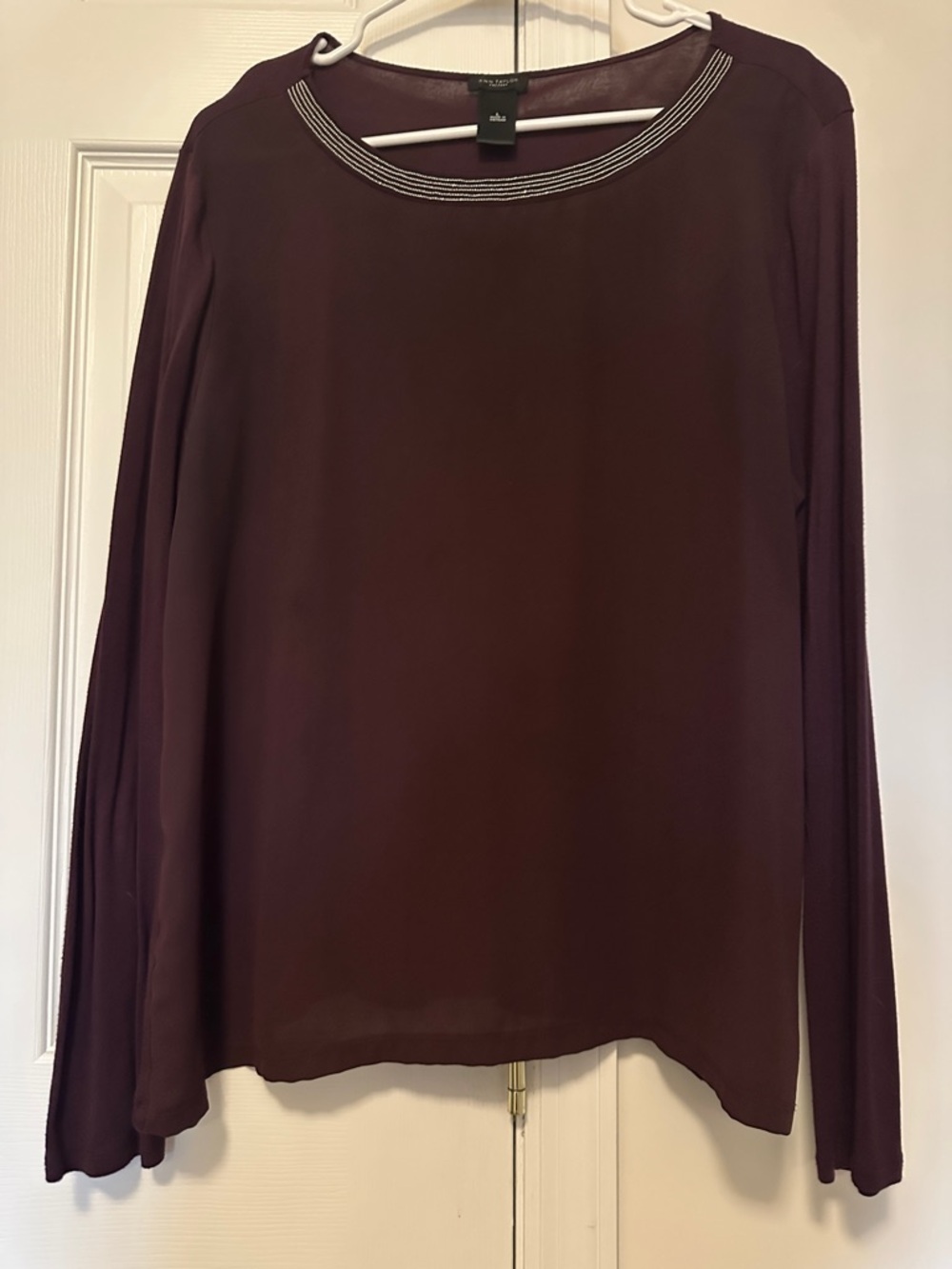 Ann Taylor Deep Plum Long-Sleeve Crewneck Top with Striped Trim